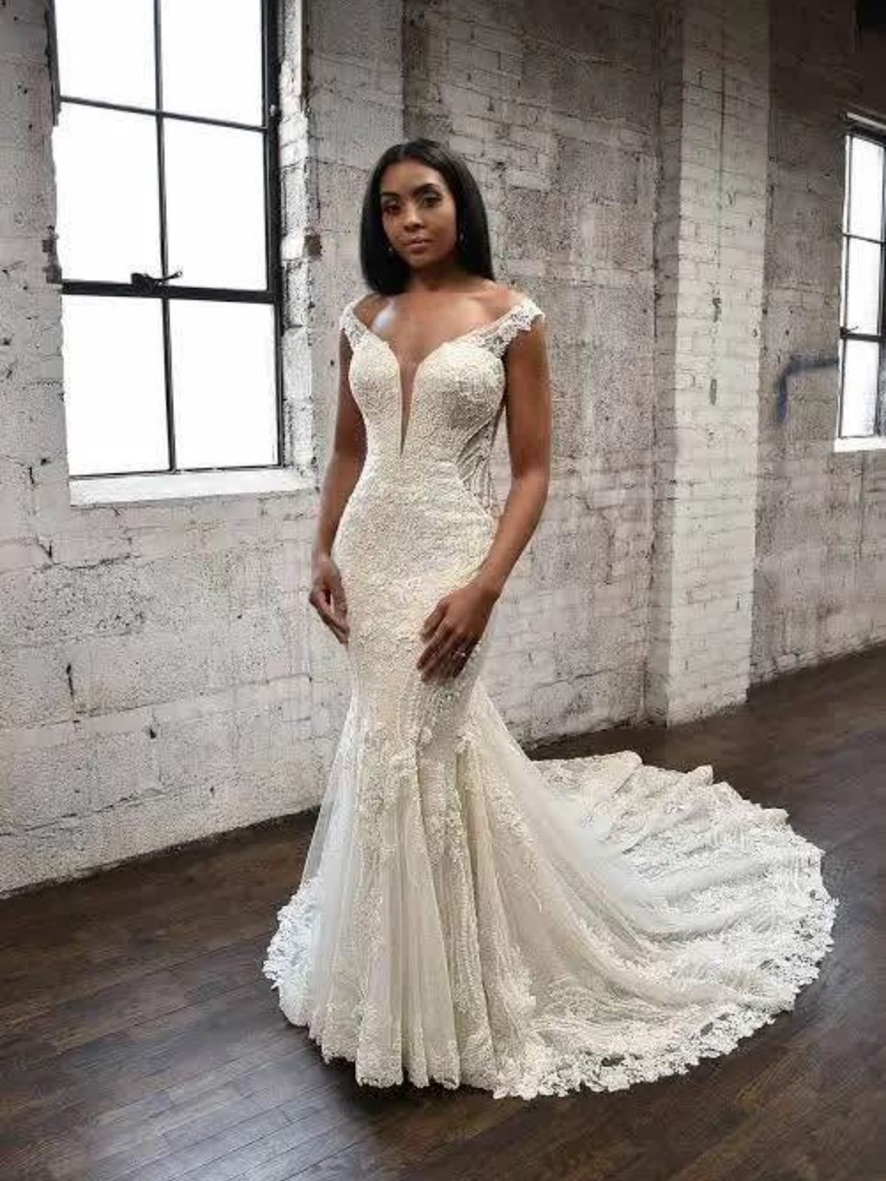 Martina Liana Ivory Lace Mermaid Wedding Gown with Off-Shoulder Plunge